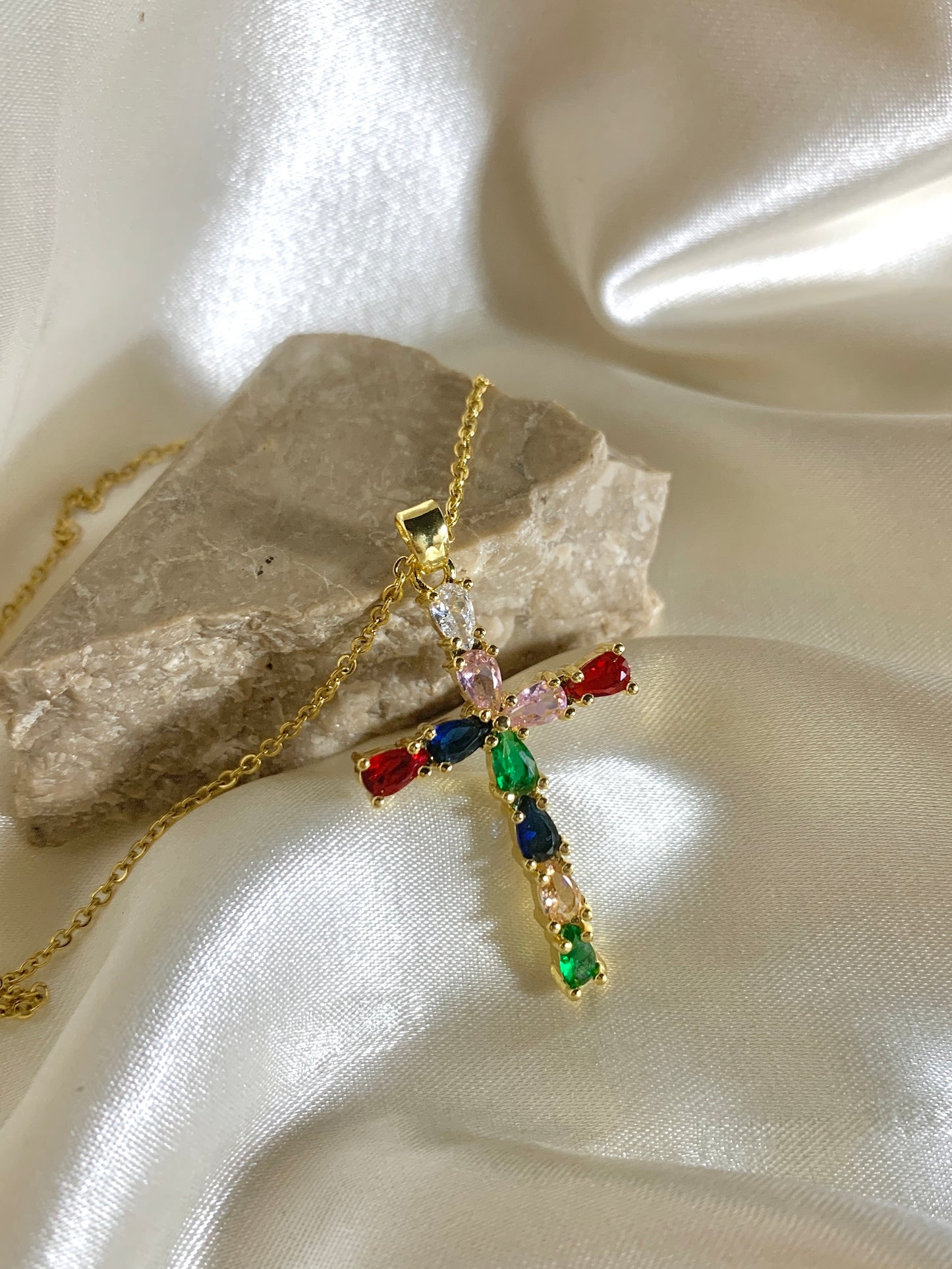 Multicolored Zirconia Cross Necklace