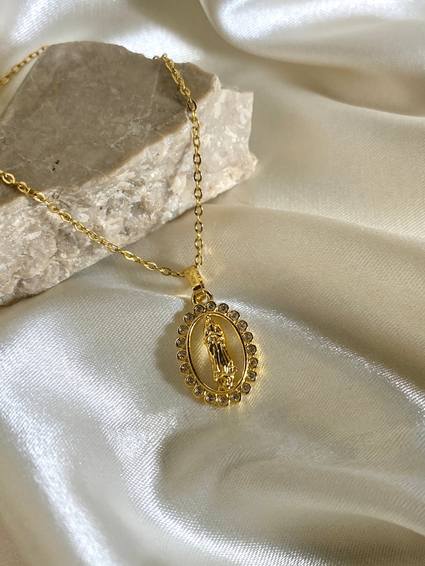 Our Lady of Guadalupe Oval Crystal Necklace