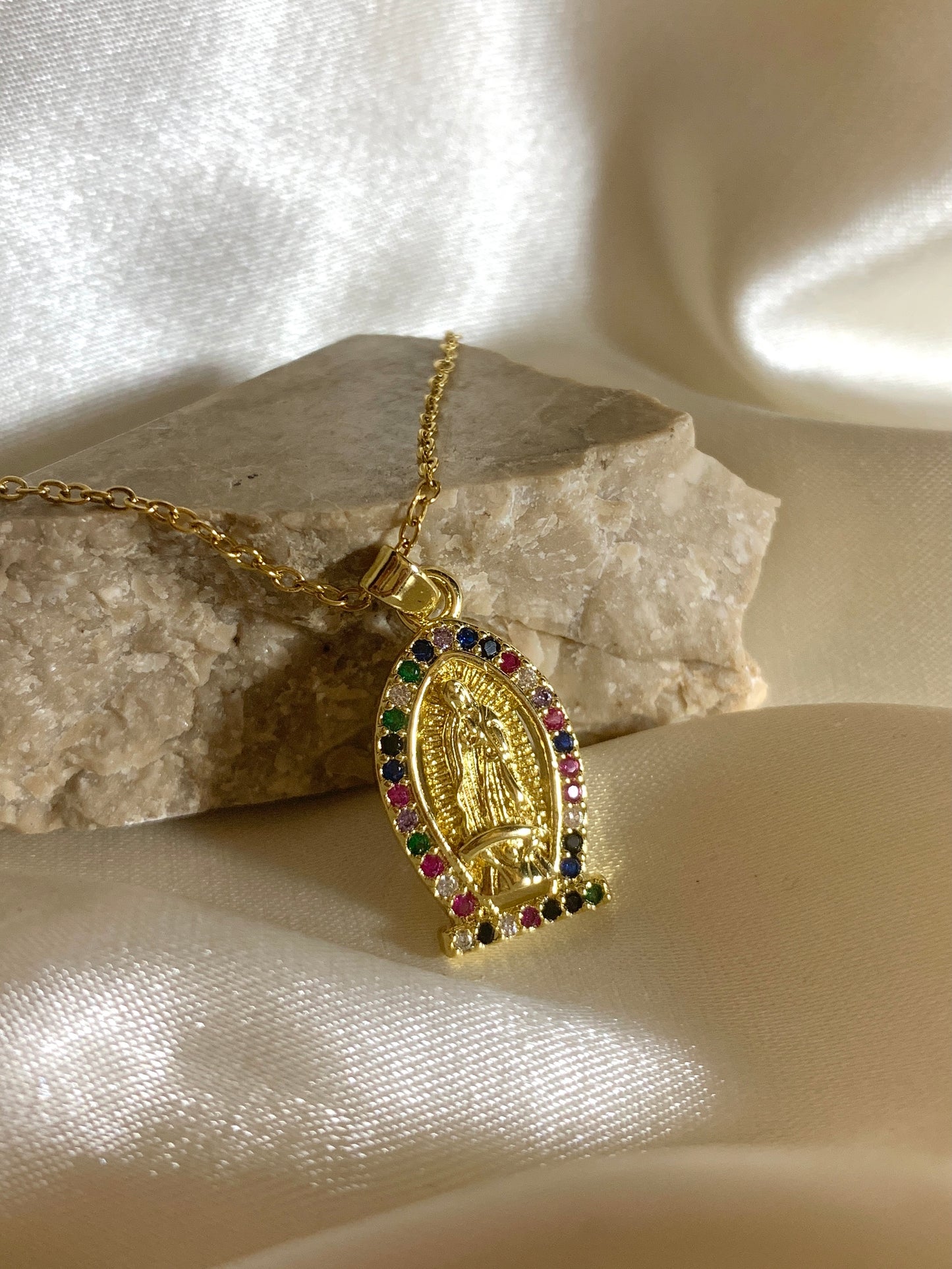 Our Lady of Guadalupe Multicolored Crystal Necklace