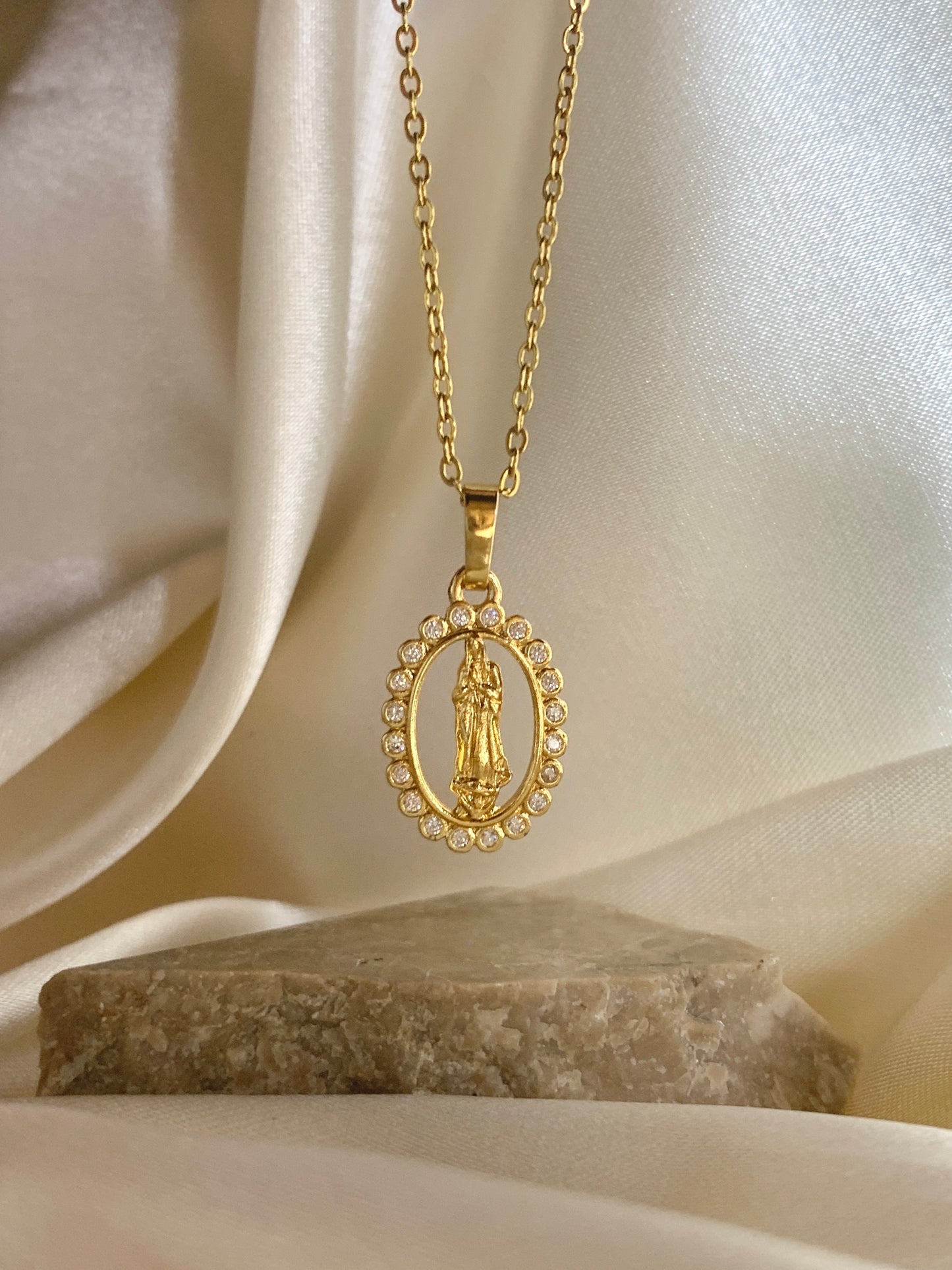 Our Lady of Guadalupe Oval Crystal Necklace