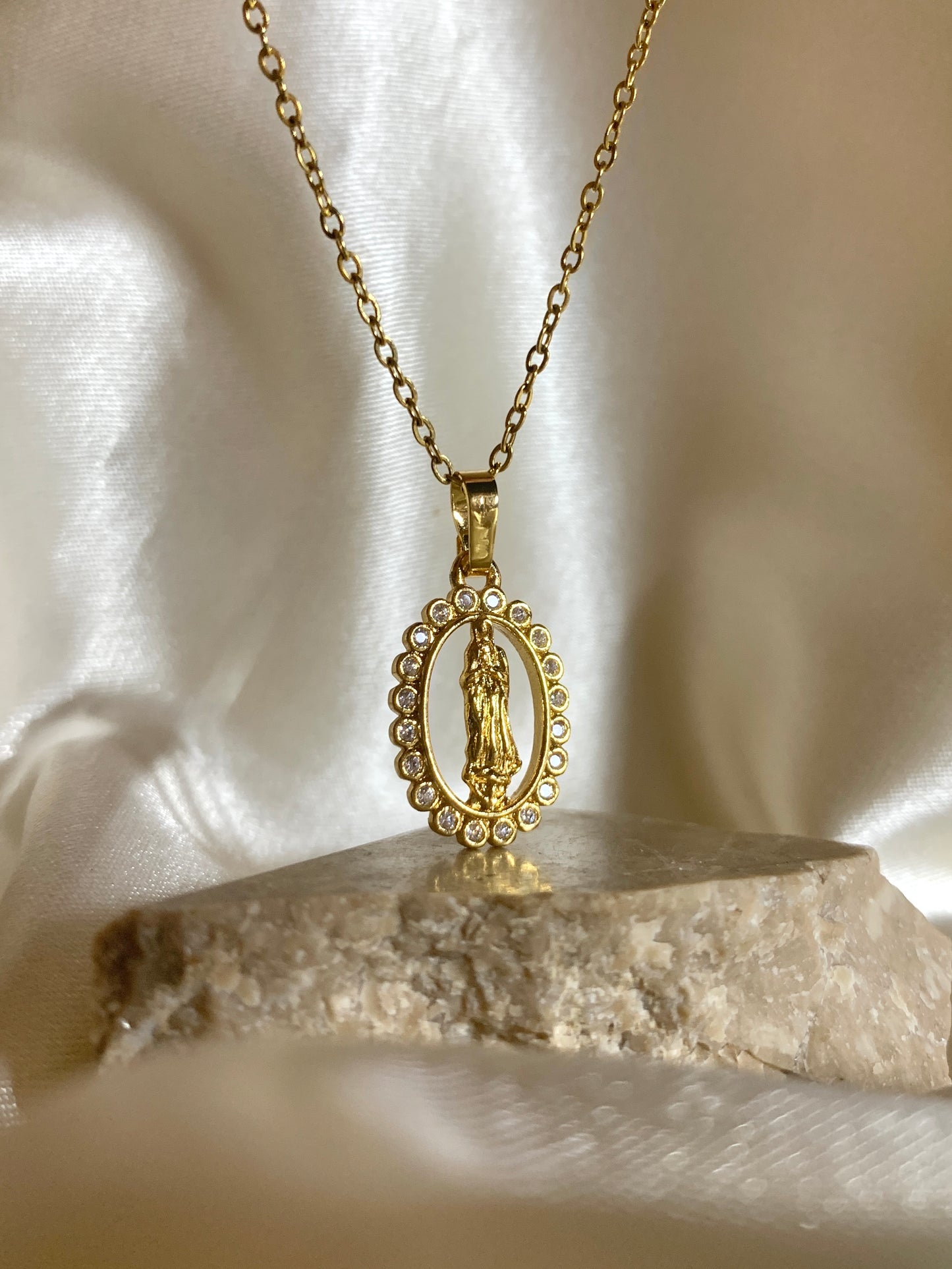 Our Lady of Guadalupe Oval Crystal Necklace