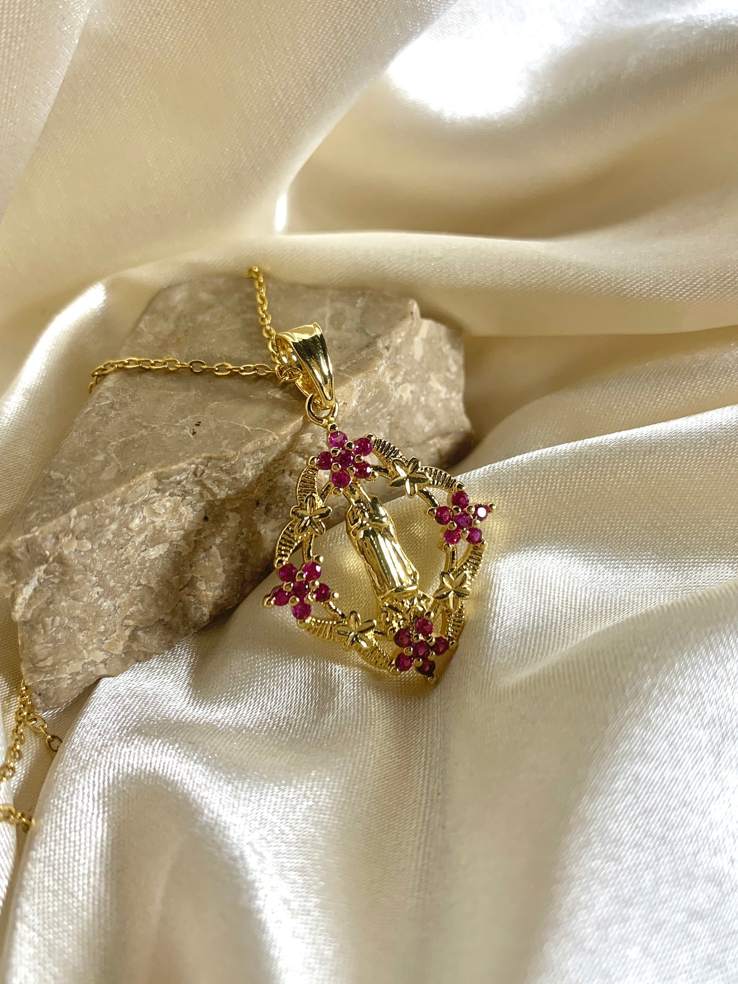 Our Lady of Guadalupe Pink Crystal Necklace