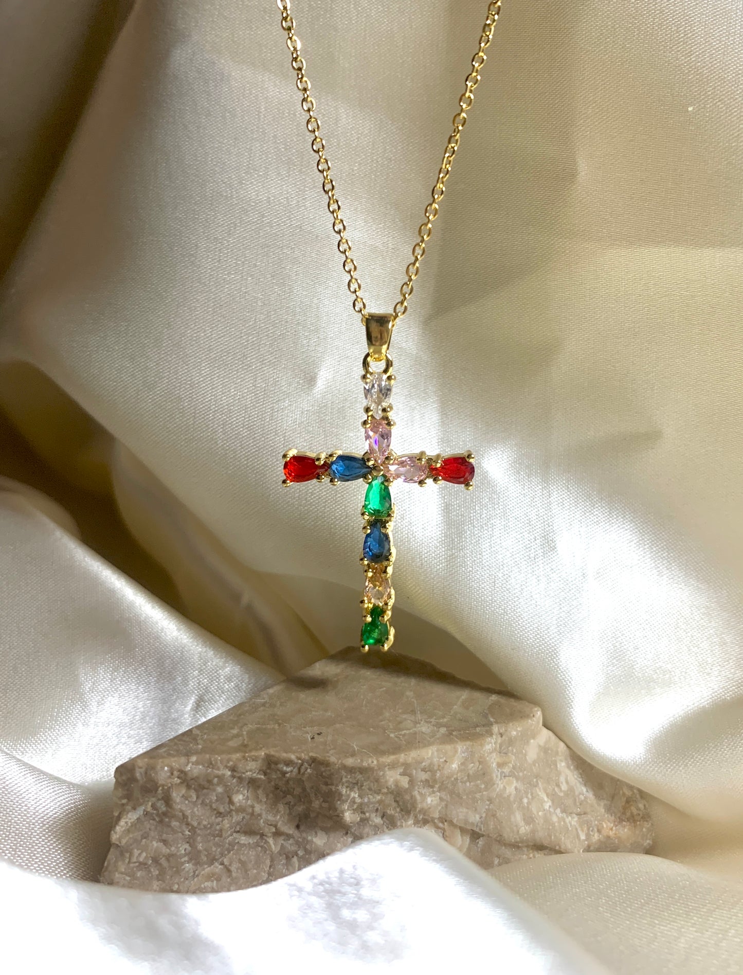 Multicolored Zirconia Cross Necklace