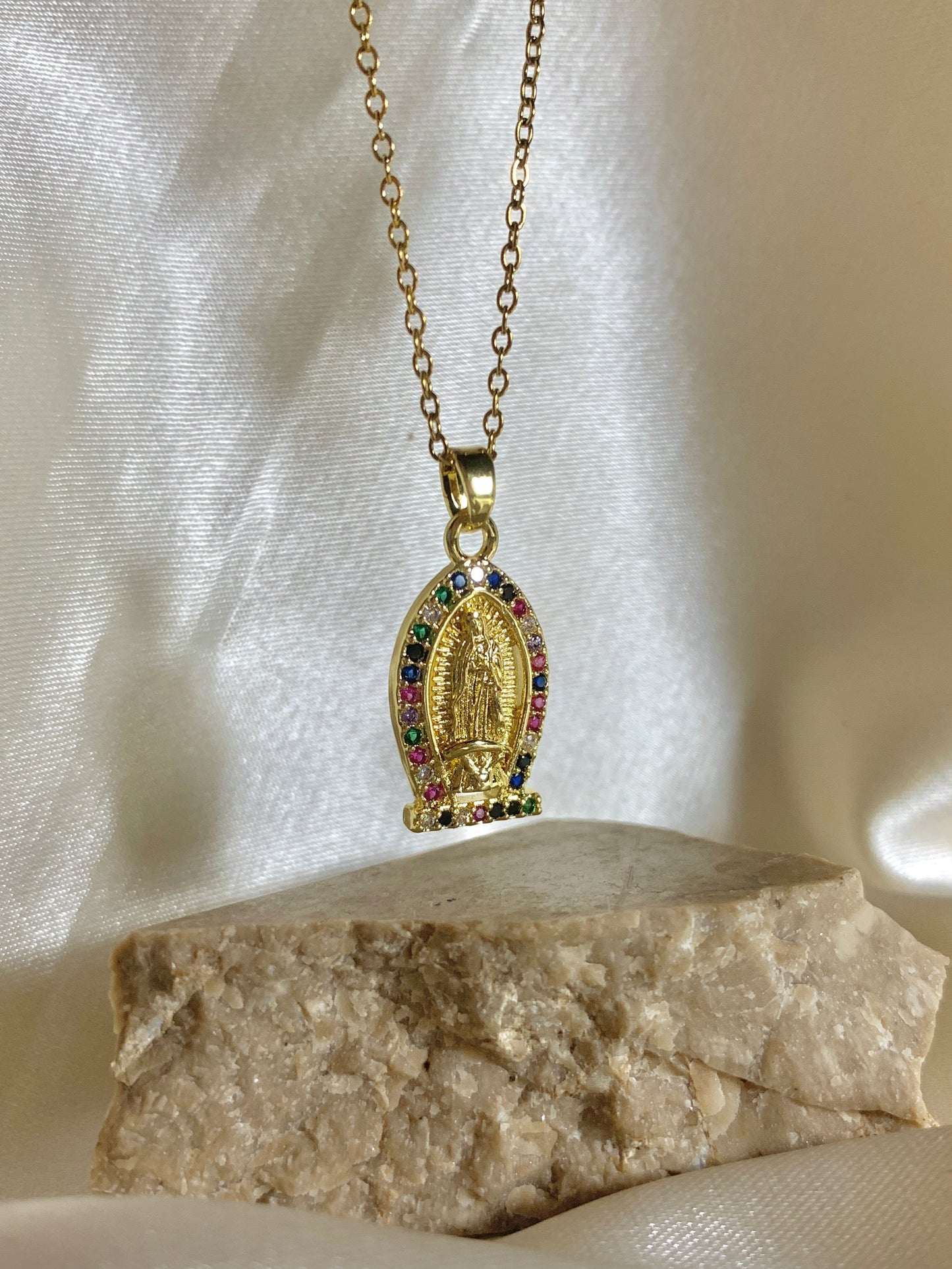 Our Lady of Guadalupe Multicolored Crystal Necklace