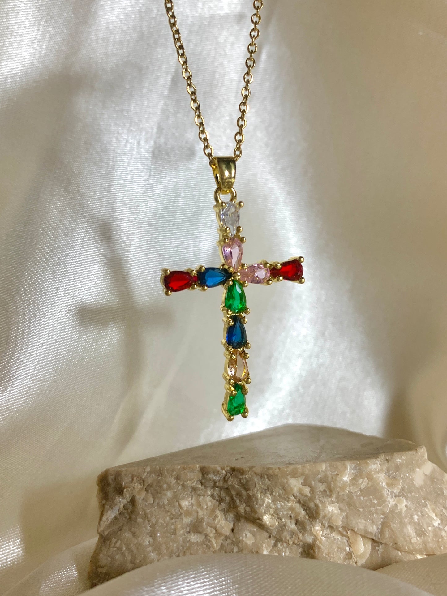 Multicolored Zirconia Cross Necklace