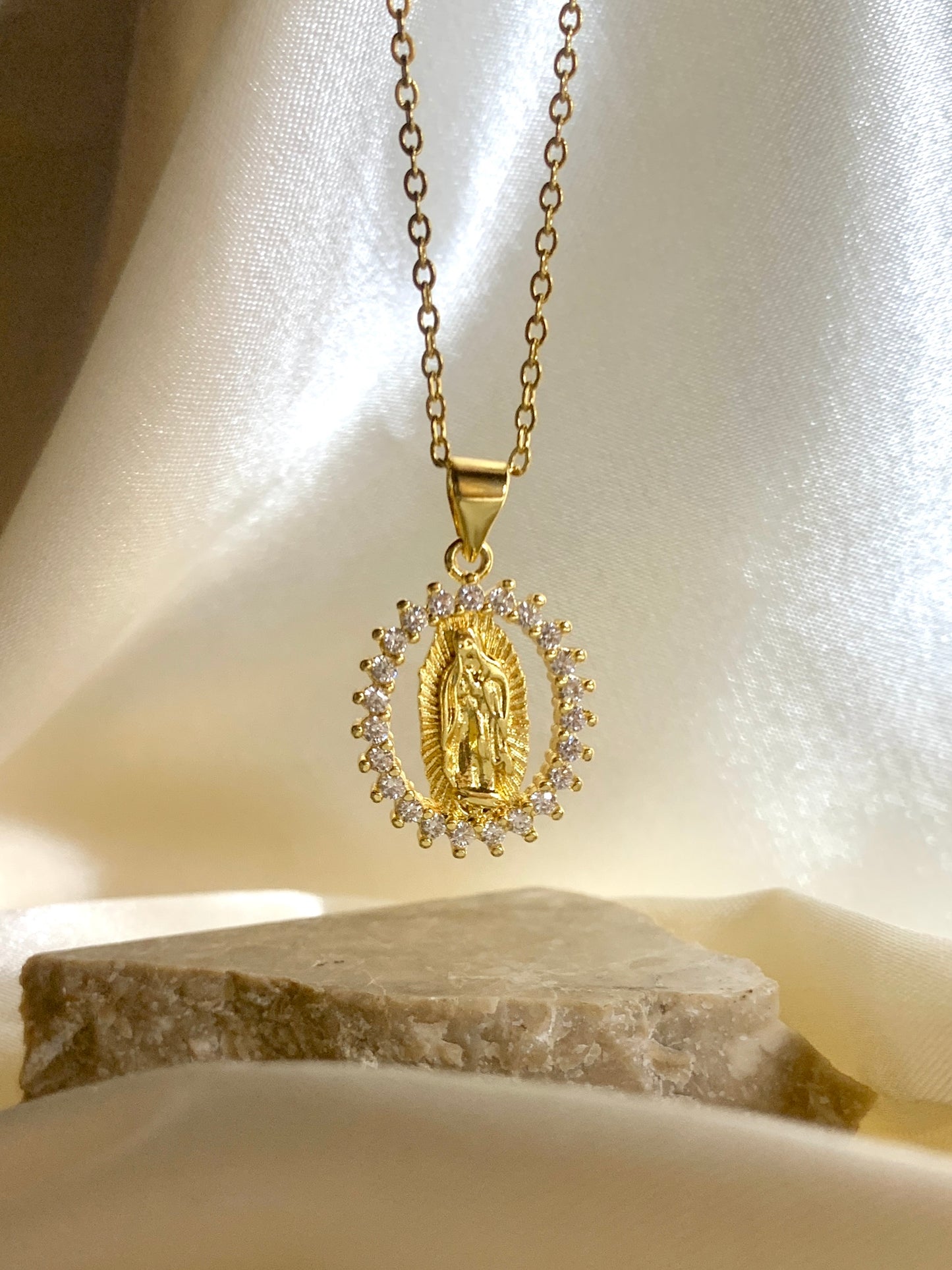 Our Lady of Guadalupe White Crystal Necklace
