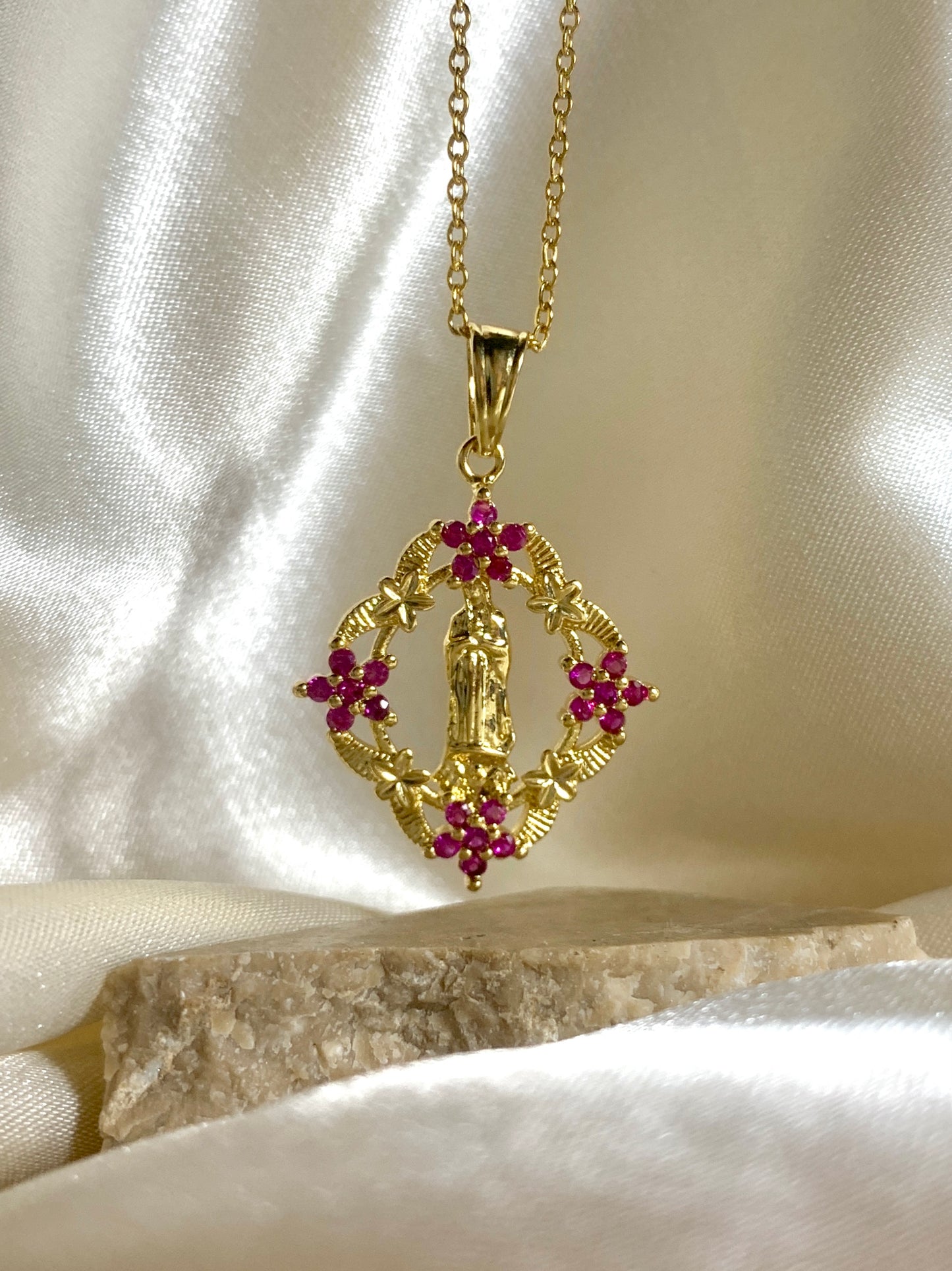 Our Lady of Guadalupe Pink Crystal Necklace