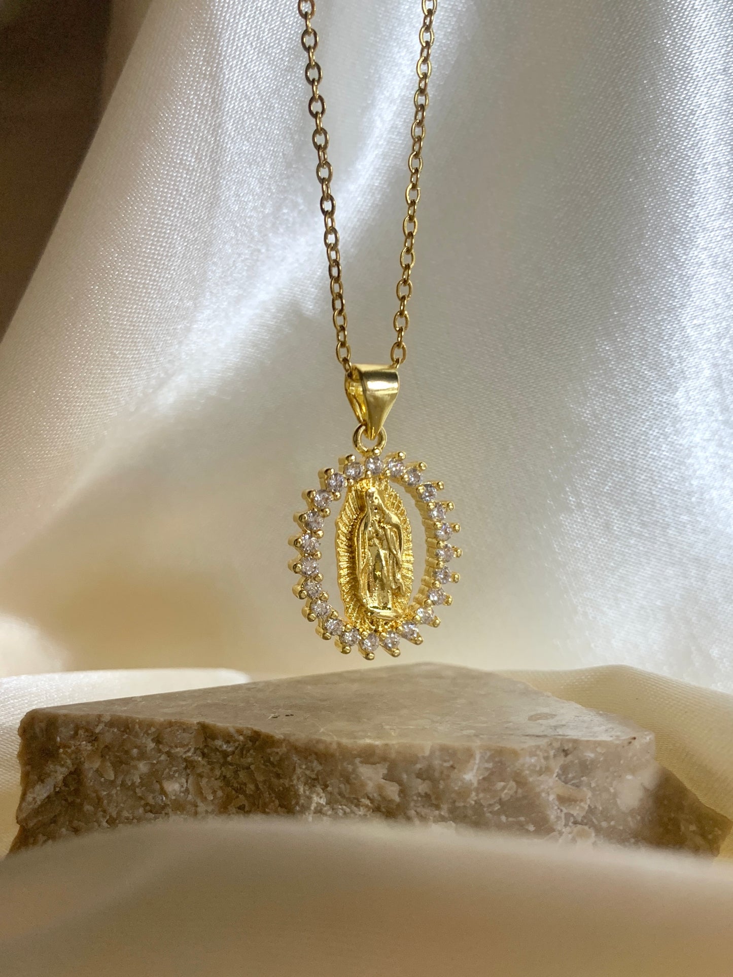 Our Lady of Guadalupe White Crystal Necklace