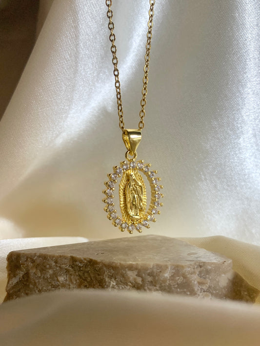 Our Lady of Guadalupe White Crystal Necklace