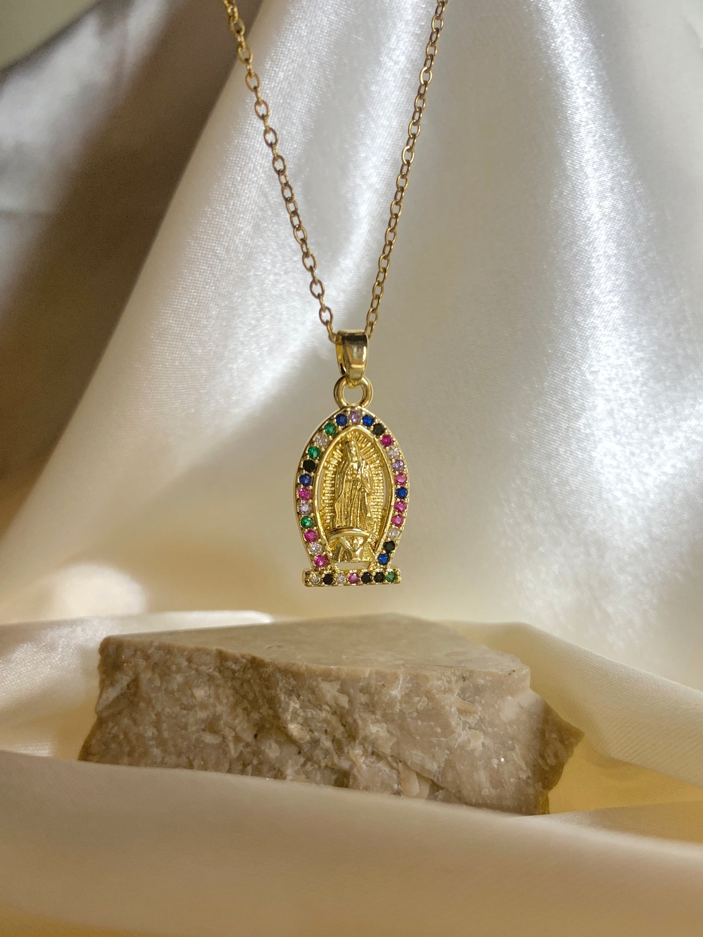 Our Lady of Guadalupe Multicolored Crystal Necklace