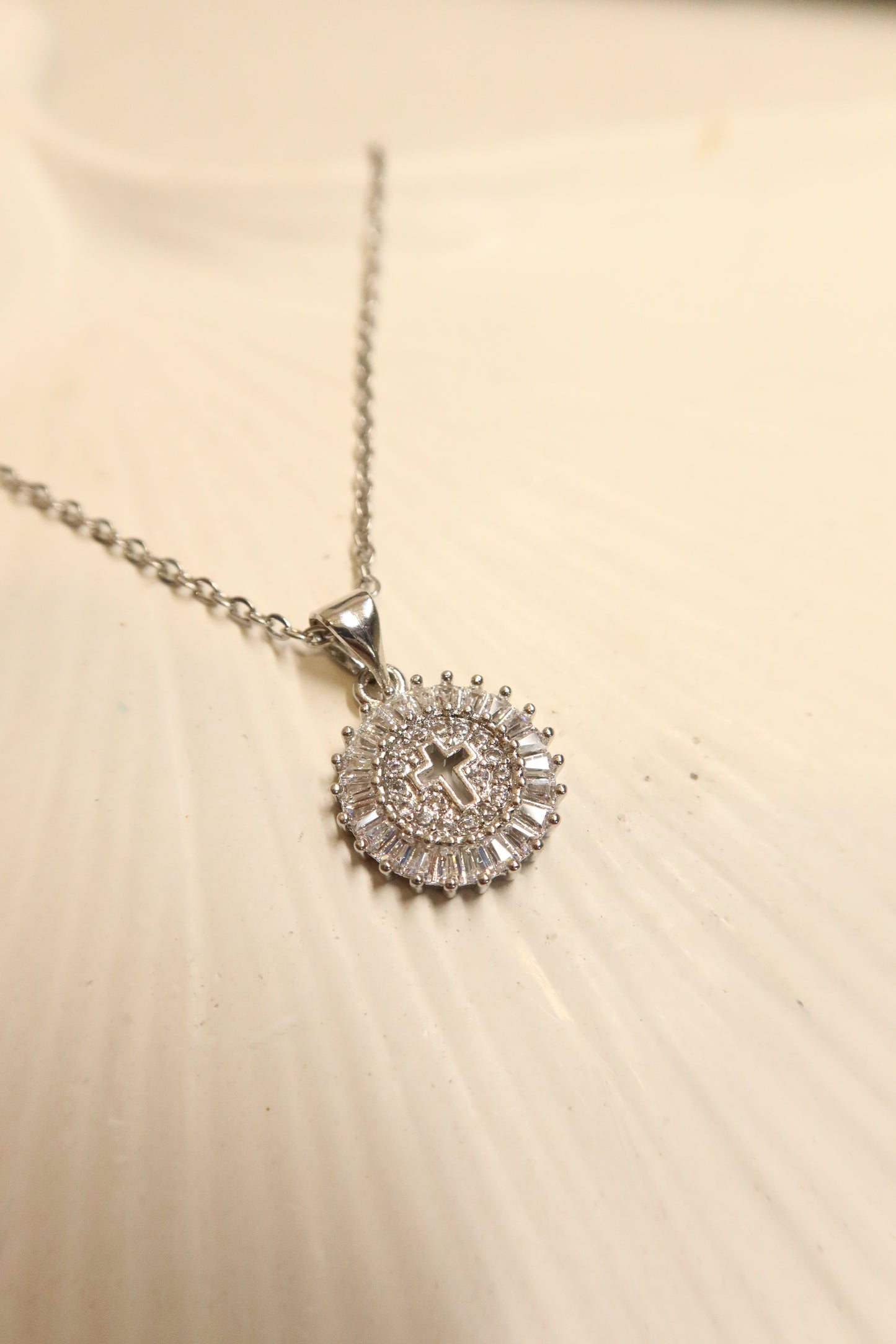 Silver crystal round cross