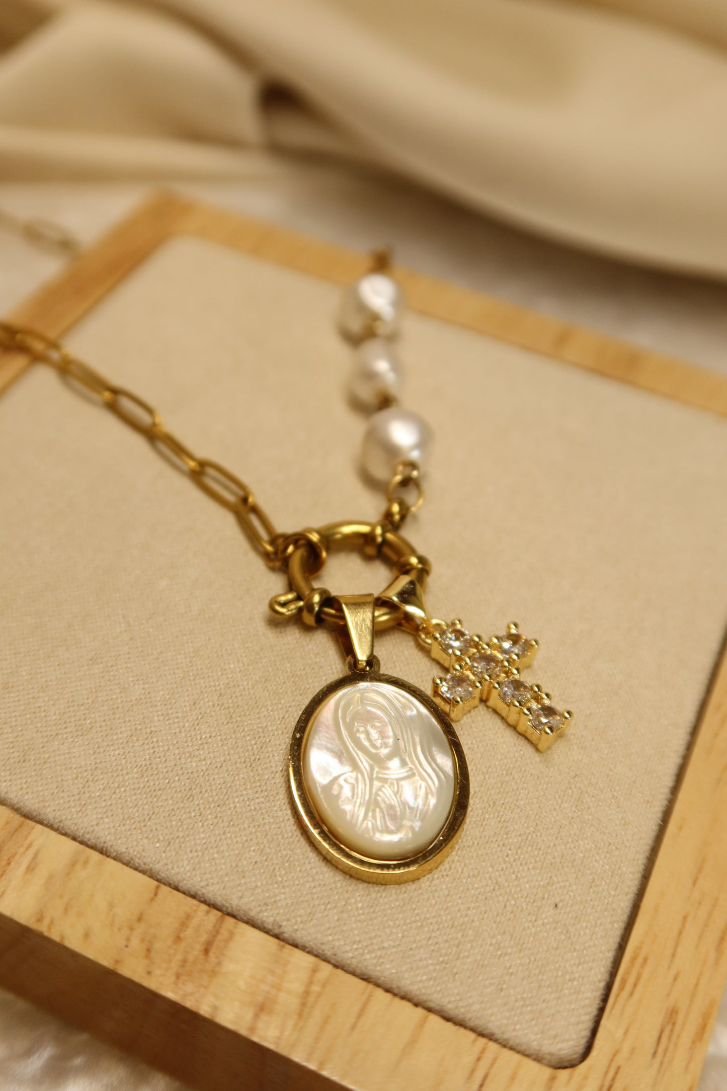 Mother Mary Pearl Necklace Pair