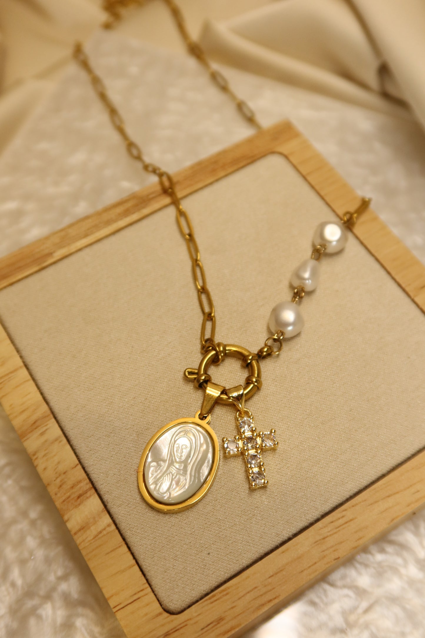 Mother Mary Pearl Necklace Pair