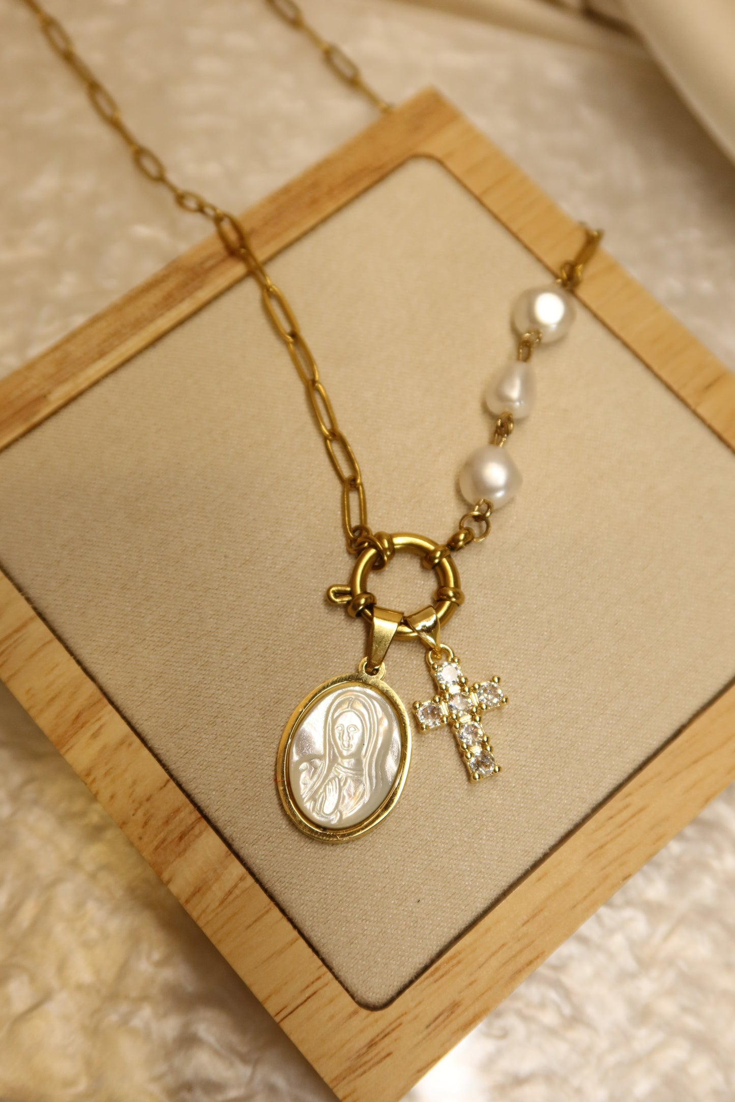 Mother Mary Pearl Necklace Pair