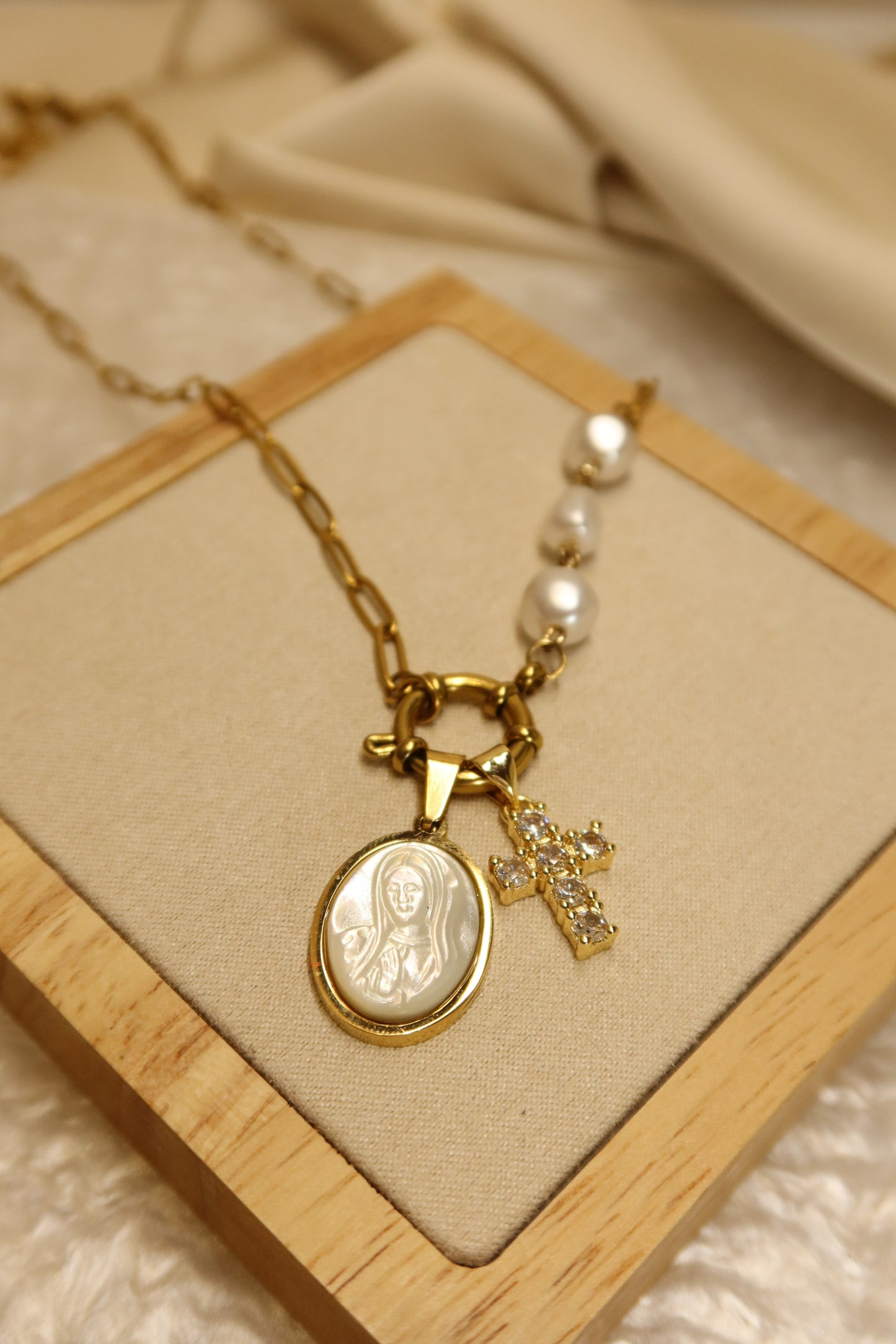 Mother Mary Pearl Necklace Pair
