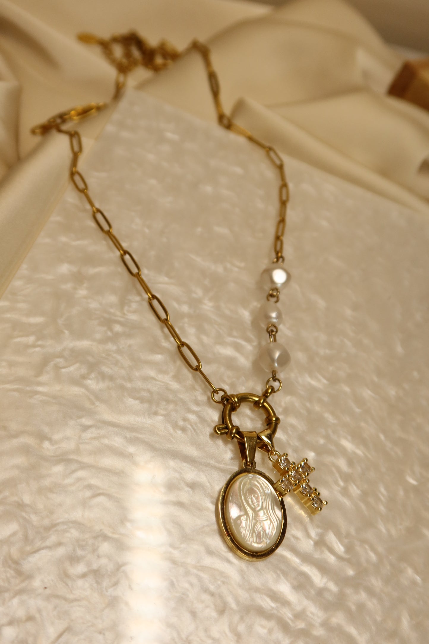 Mother Mary Pearl Necklace Pair