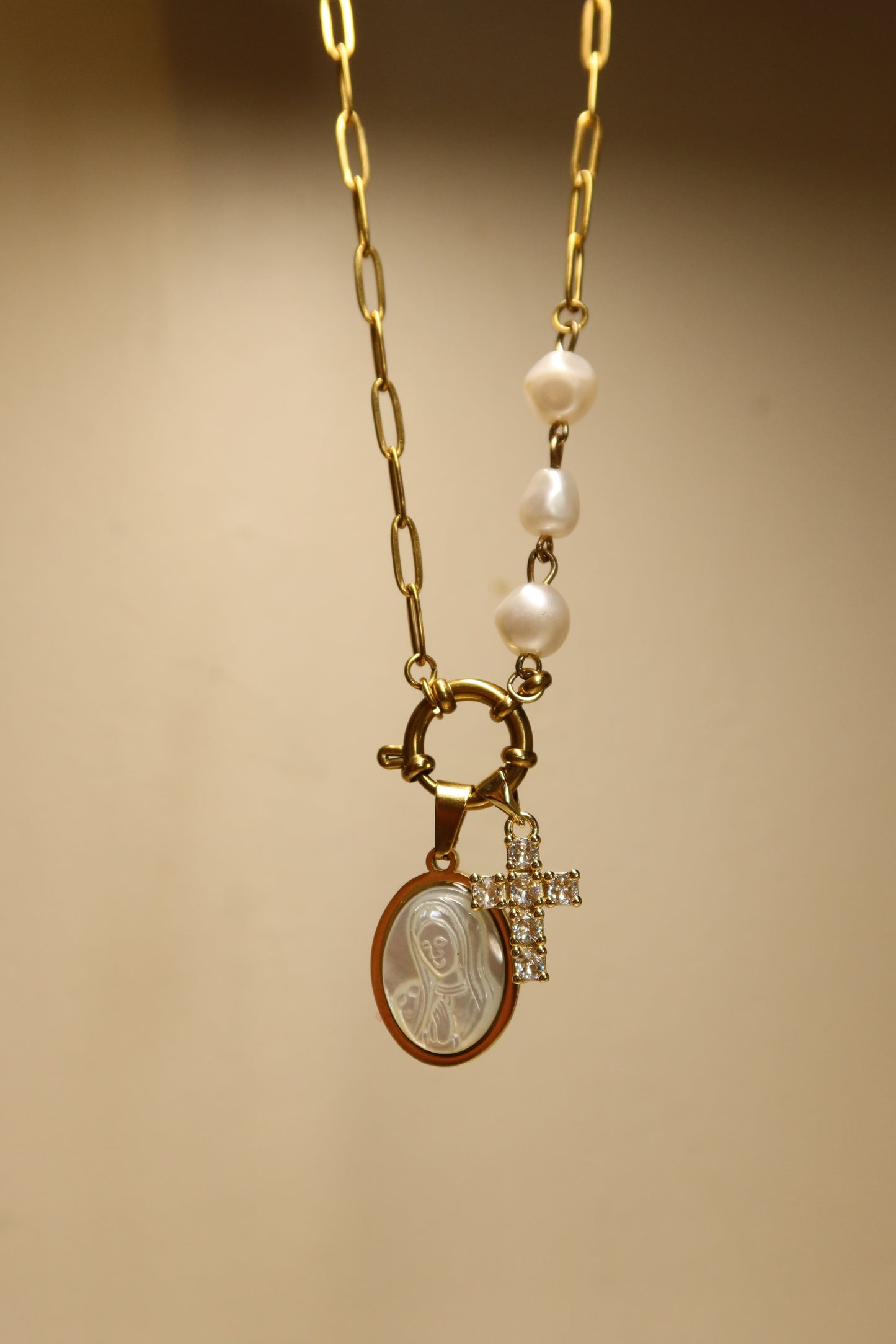 Mother Mary Pearl Necklace Pair
