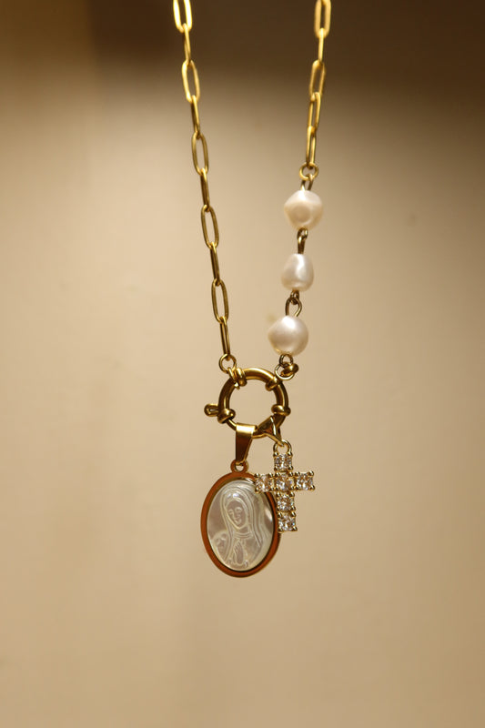 Mother Mary Pearl Necklace Pair