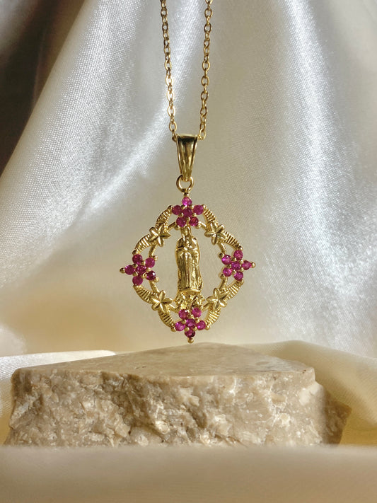 Our Lady of Guadalupe Pink Crystal Necklace