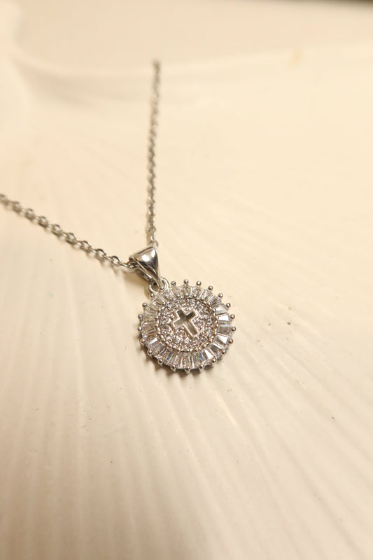 Silver crystal round cross